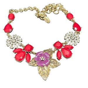 Statement Necklace Enamel Flowers Pink Purple Rhinestones Lucite Brass Delta Box